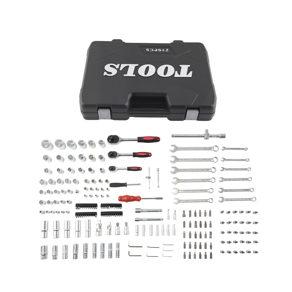 216PCS Ratchet Socket Set for Universal Use (1/4, 3/8, 1/2 Drive)