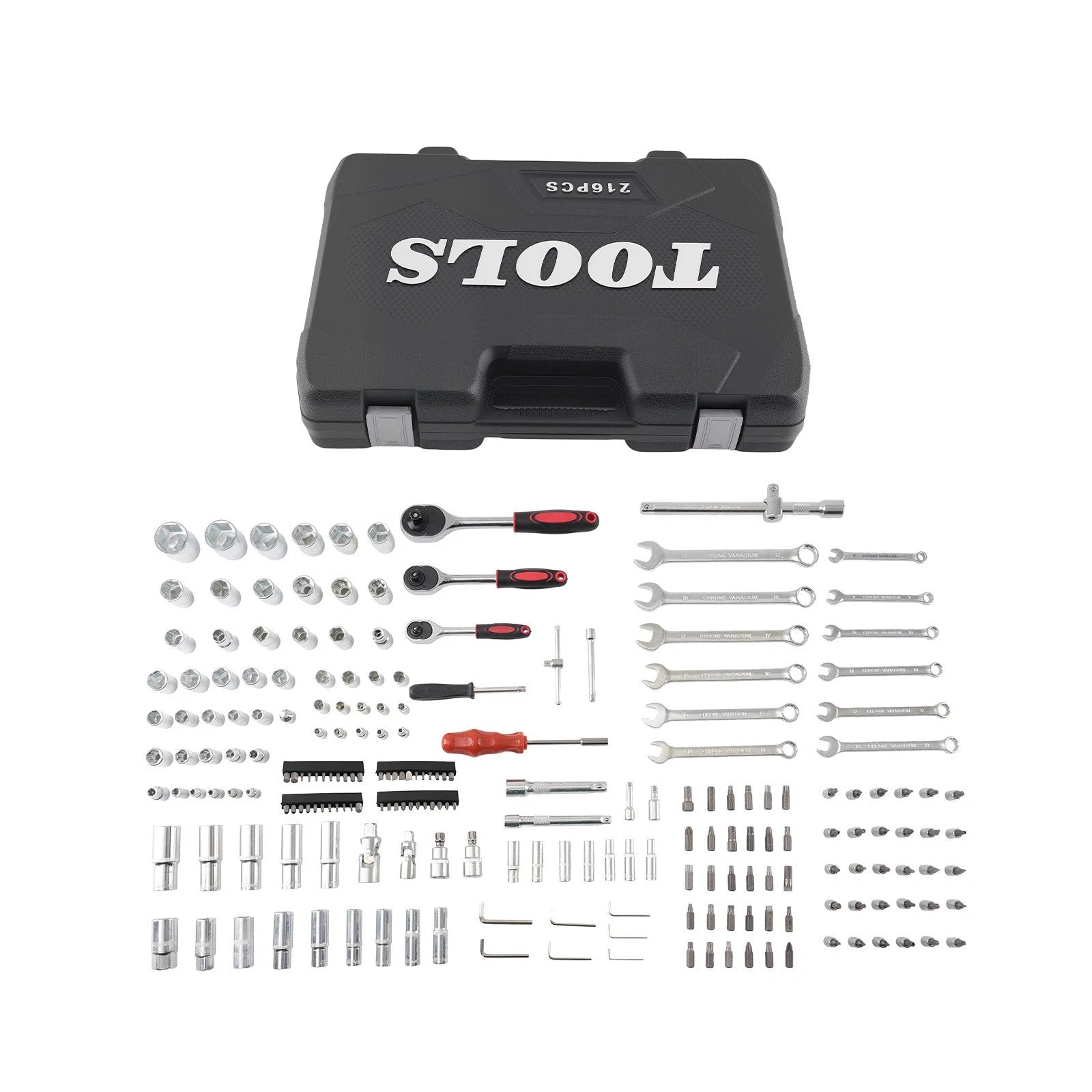 216PCS Ratchet Socket Set for Universal Use (1/4, 3/8, 1/2 Drive)
