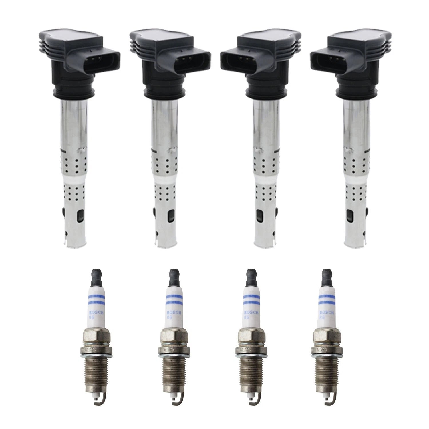 Set of 4 Ignition Coils & Bosch Nickel Spark Plugs for Audi Volkswagen 2.0L