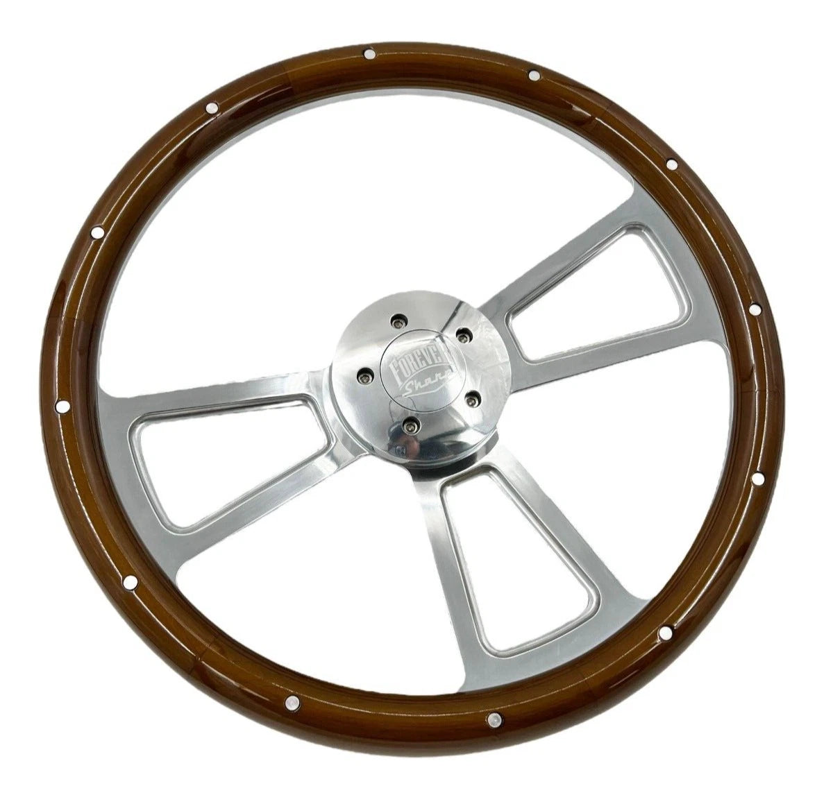 Polished 5 Spoke Steering Wheel Dark Wood Wrap with Rivets for Peterbilt Kenworth (2010–2025)