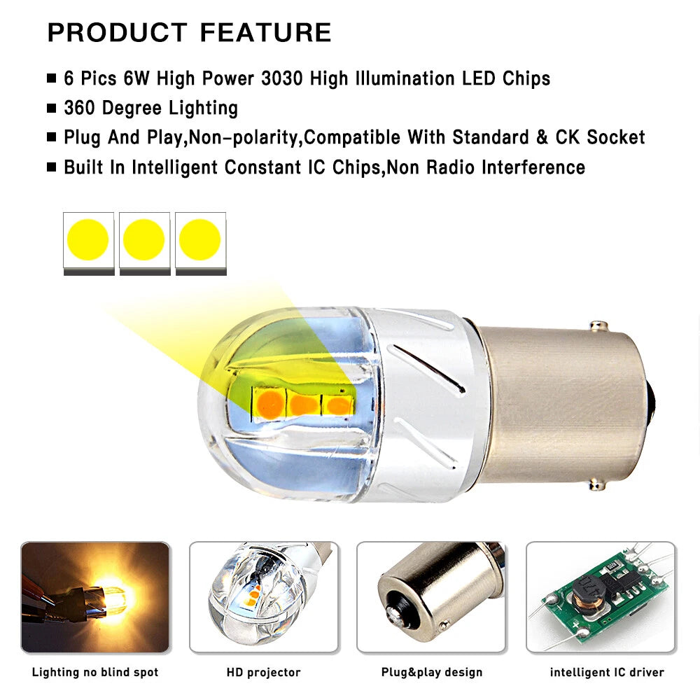 4X 1156 Yellow Amber LED Backup Reverse Turn Signal Lights for