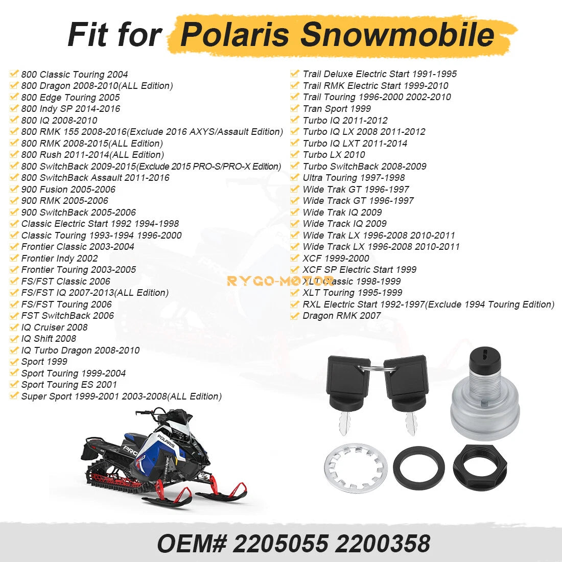 3 Position 5 Pin Ignition Switch w/2 Keys for Polaris Snowmobile (2205055, 2200358)