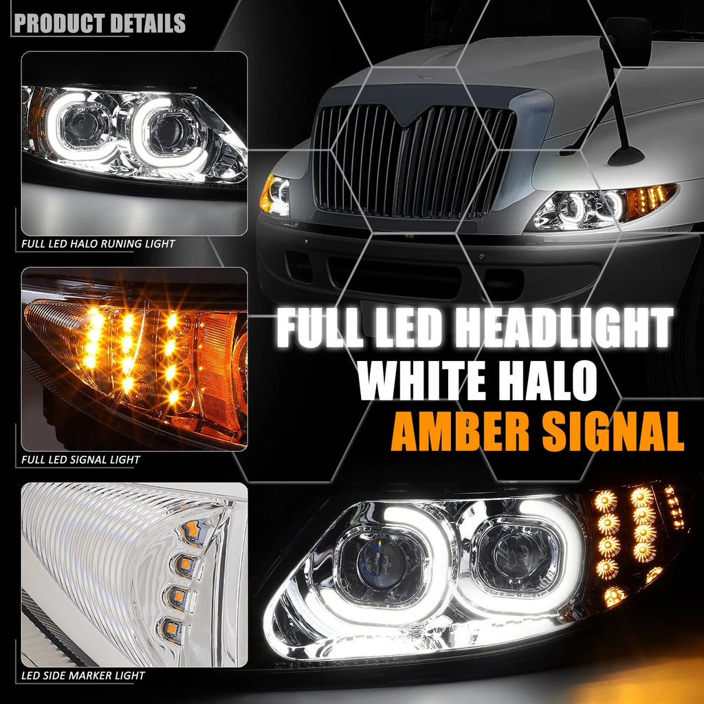 LED DRL Projector Headlights + Side Marker for International 4300 4400 4100 (2002–2016)