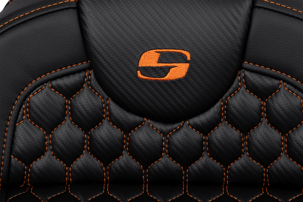 SADDLEMEN RoadSofa Seat for Harley Davidson (Extended Reach, Honeycomb, Orange Stitch)