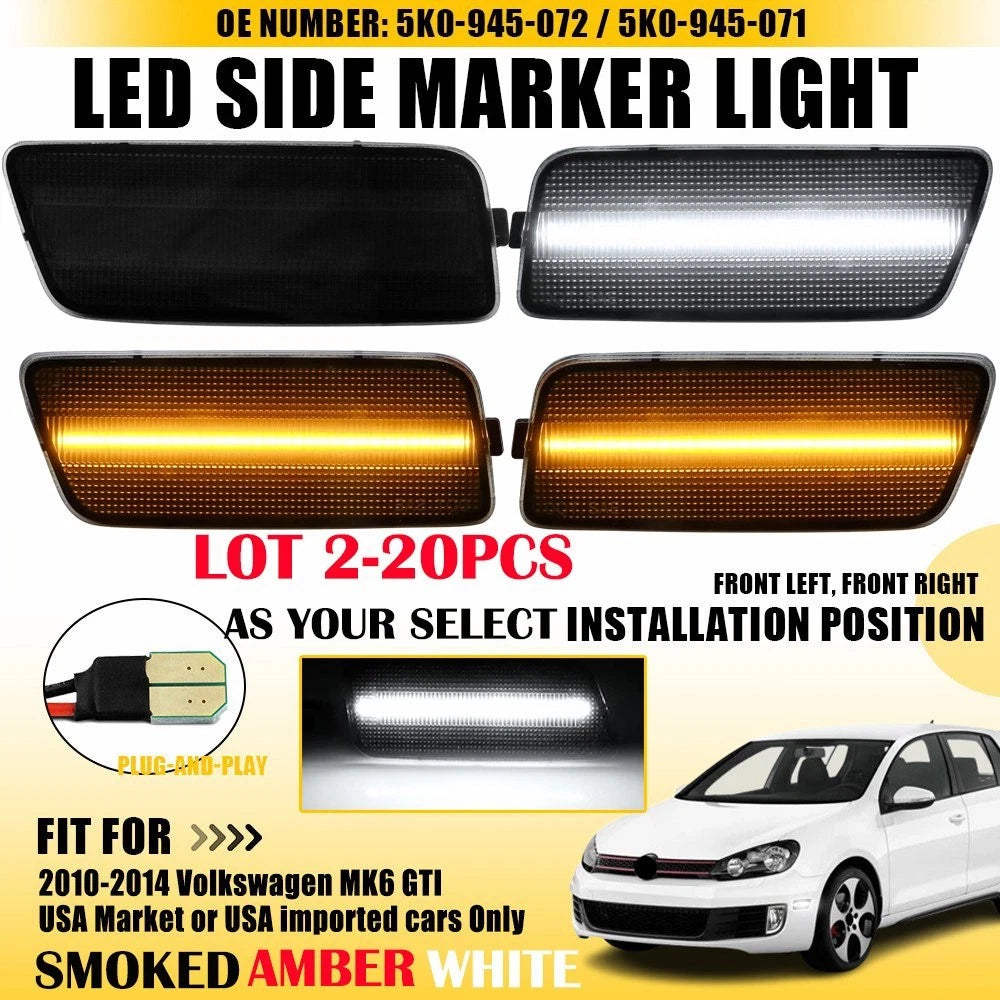 2X White Amber LED Bumper Side Marker Lights for Volkswagen MK6 GTI (2010–2014)