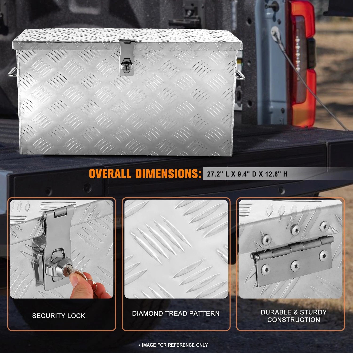 Diamond Tread Aluminum Truck Tool Box with Fixed Side Handles (27"x9.4"x12.6")
