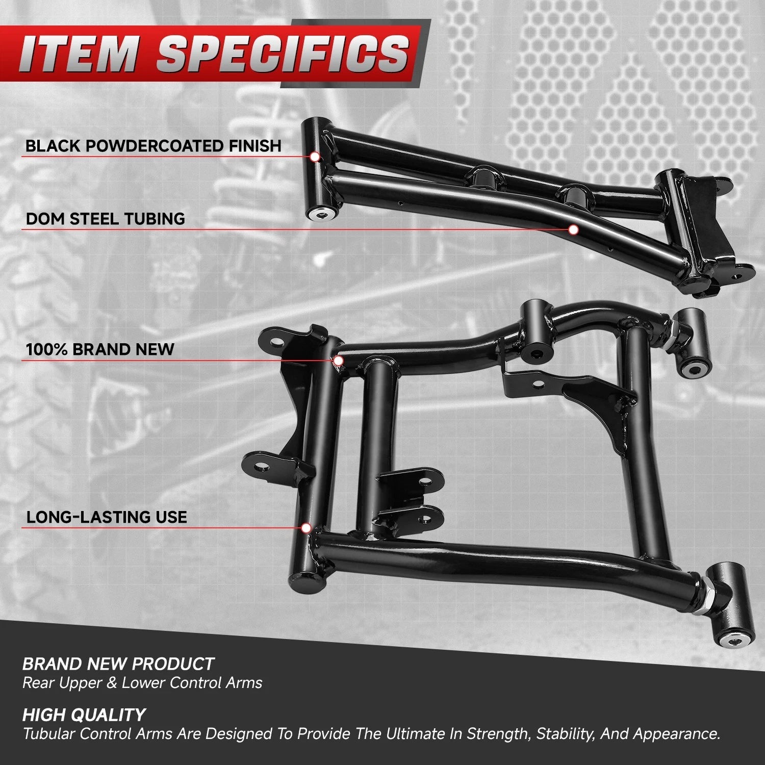 Set of 2 Tubular Rear Upper & Lower Offset Control Arms for Polaris RZR S 900 (2016–2020)