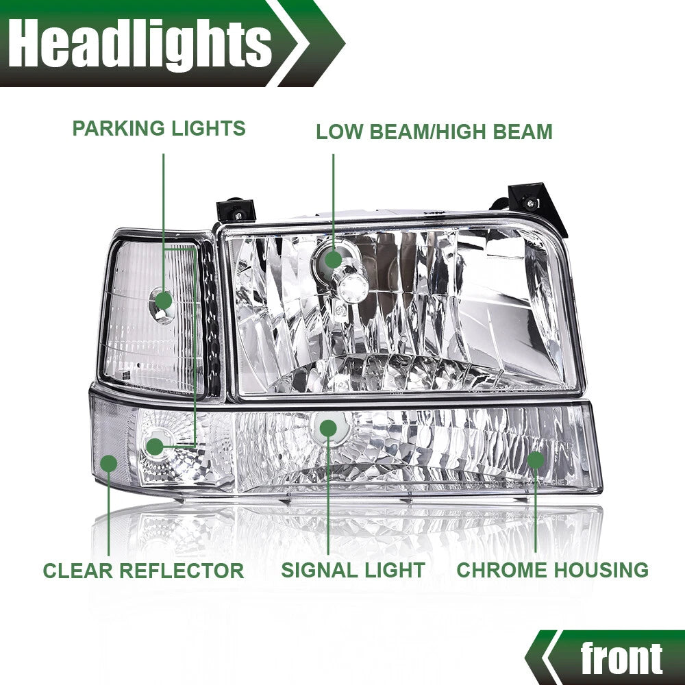 Chrome Headlights Bumper Corner Lamps for Ford F150 F250 F350 Bronco (1992–1996)