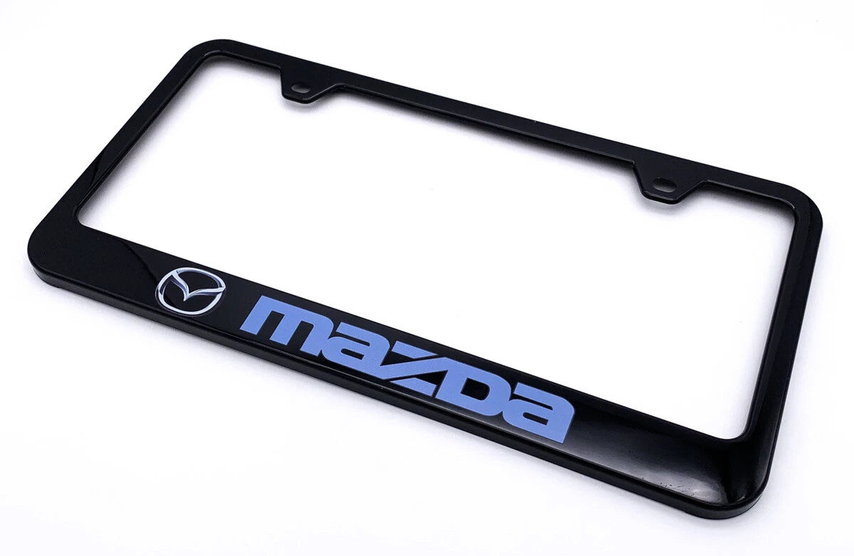 License Plate Frame Black Plastic with Blue Mazda Script for Mazda (2000–2024)
