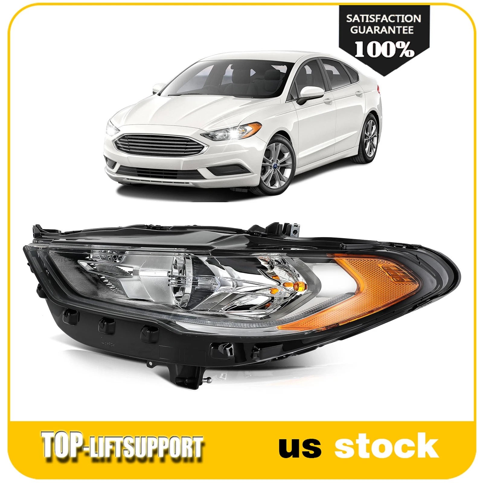 Left Headlight for Ford Fusion (2017–2020) Black Housing with Bulbs