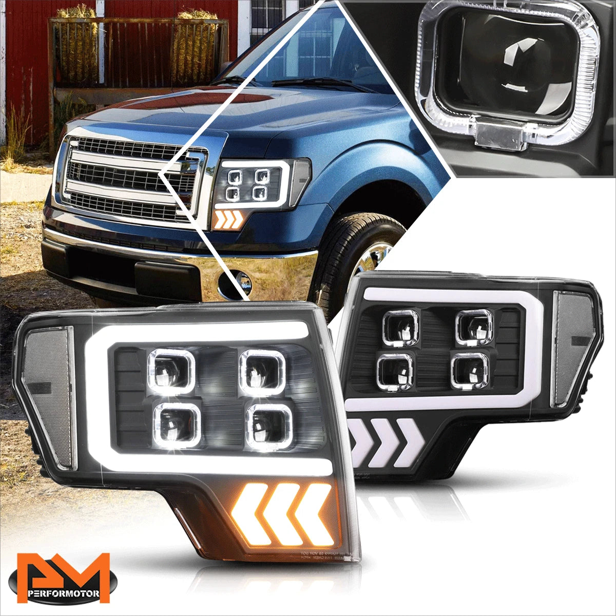 Quad LED DRL + Arrow Signal Projector Headlights for Ford F150 (2009–2014)