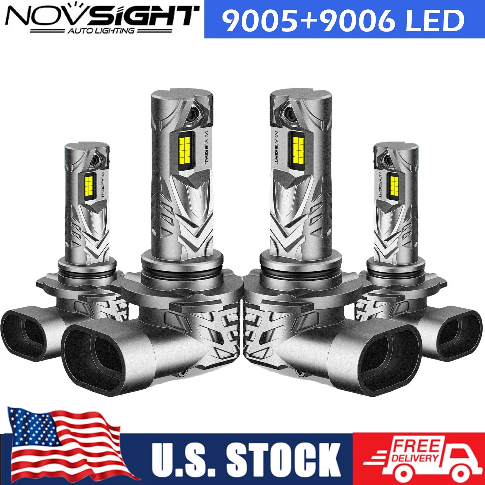 Set of 4 LED Headlight Bulbs 9005 + 9006 for High Low Beam (6500K)