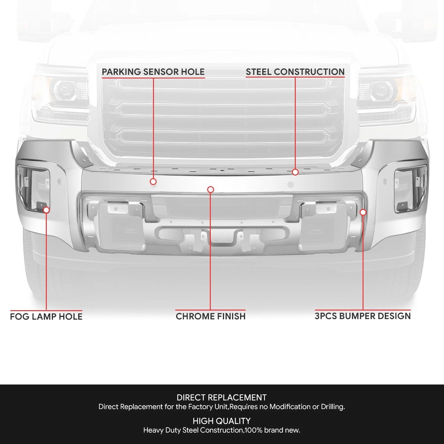 Chrome Front Bumper Face Bar for GMC Sierra 2500 3500 HD (2015–2019)
