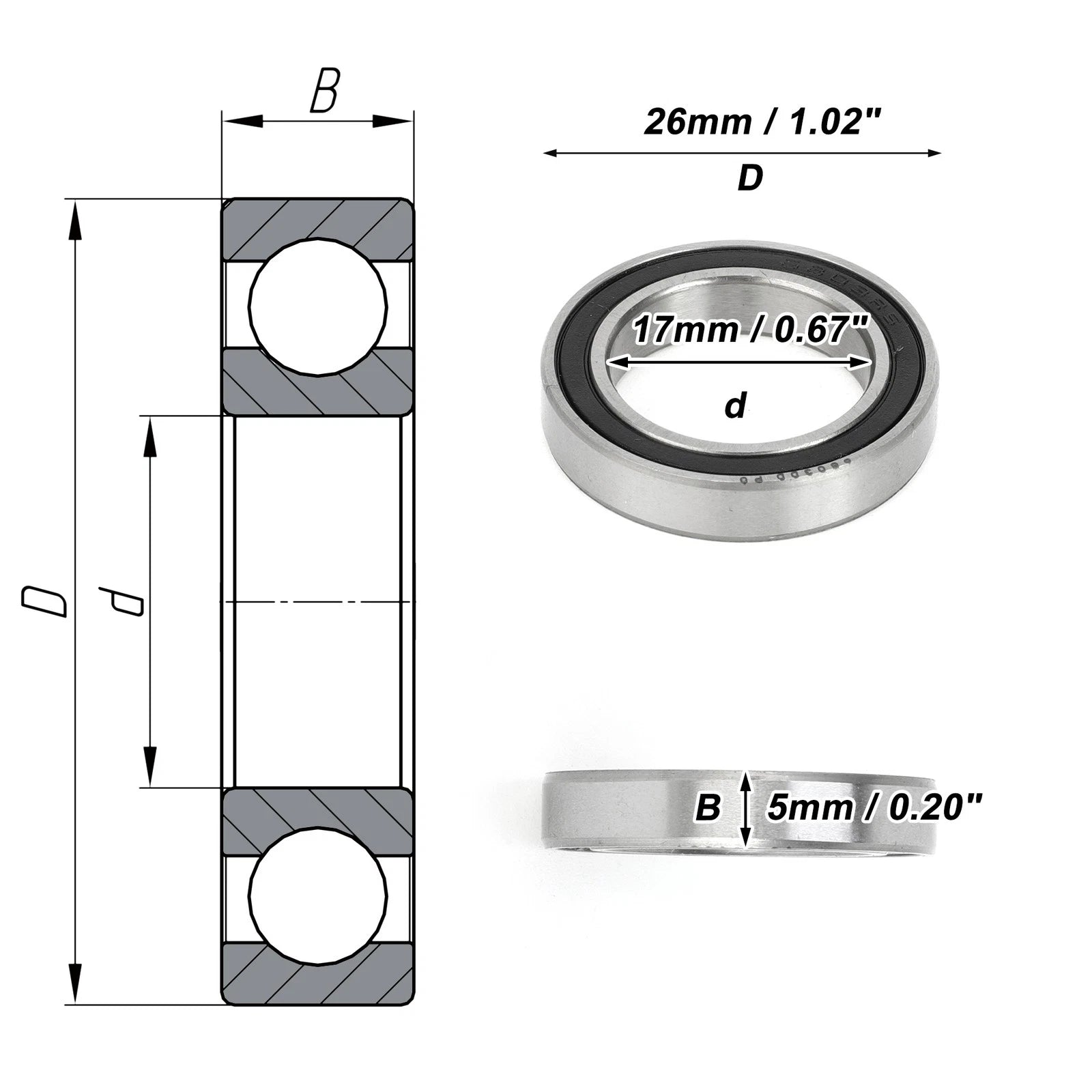 Deep Groove Ball Bearing 6803DD for Scooter Skateboard (17x26x5mm)
