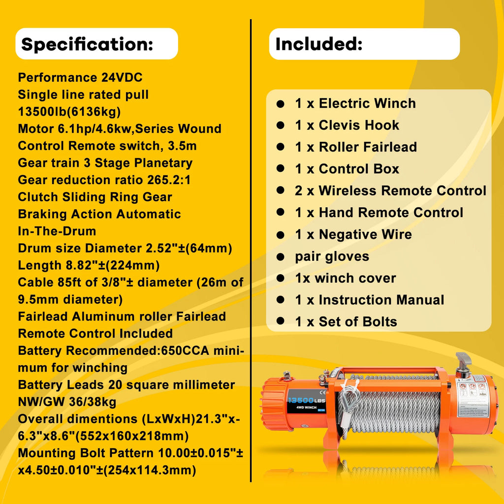 12V Electric Recovery Winch 13500LBS for Trailer Truck SUV
