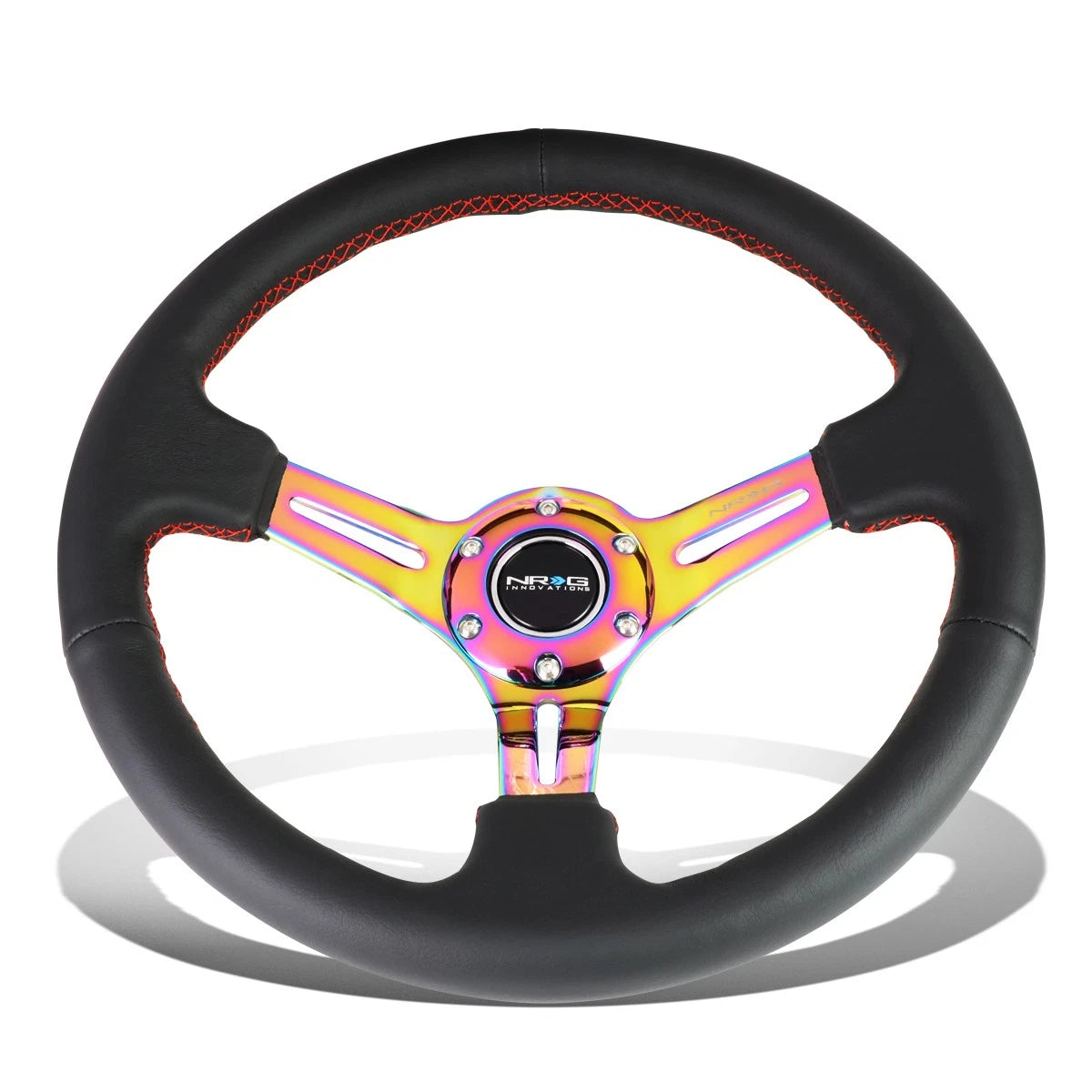 NRG 35cm Neo Chrome Leather Steering Wheel for Universal Fit (3" Deep)