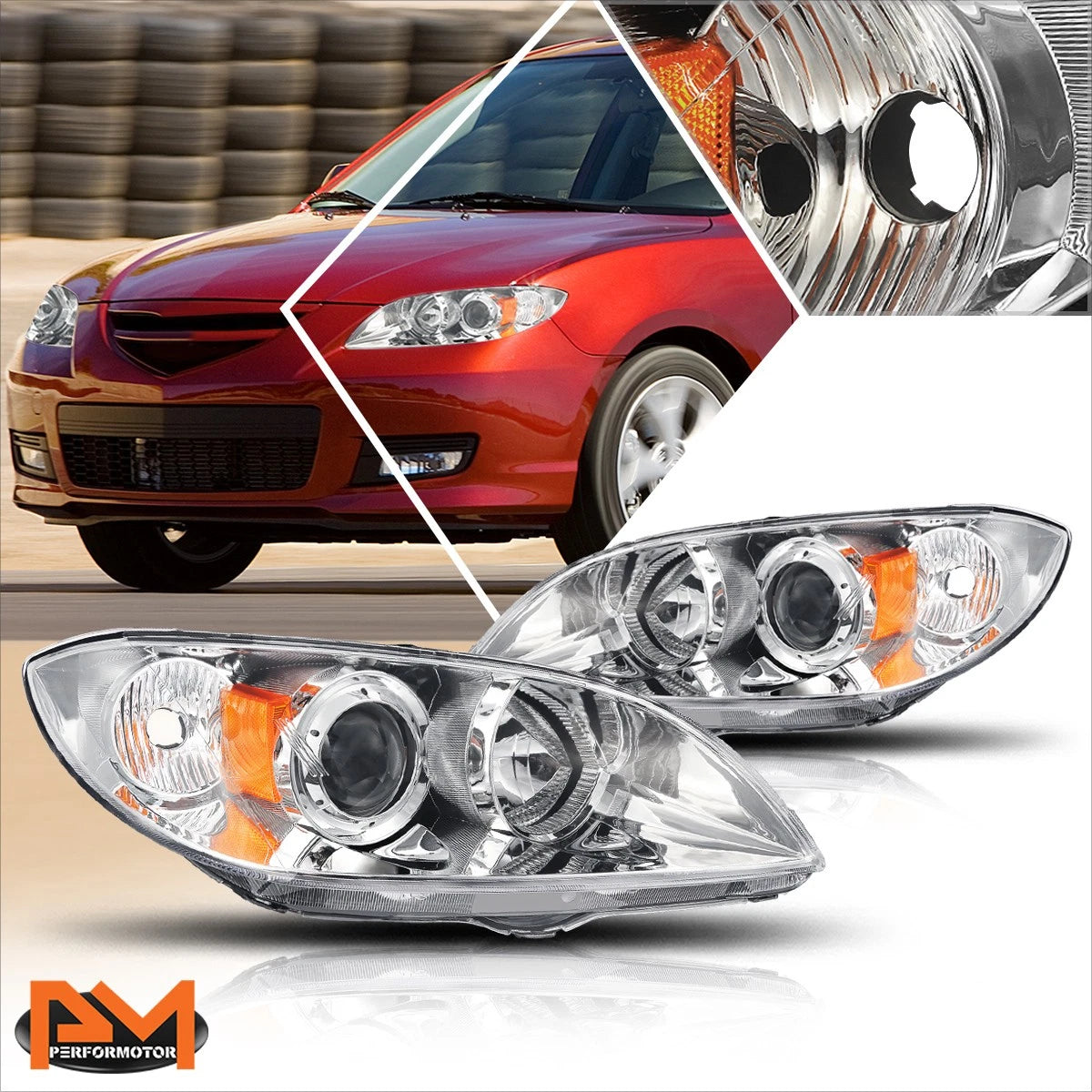 Projector Headlight Set for Mazda 3 (2004–2009) - Chrome Housing, Amber Lamp