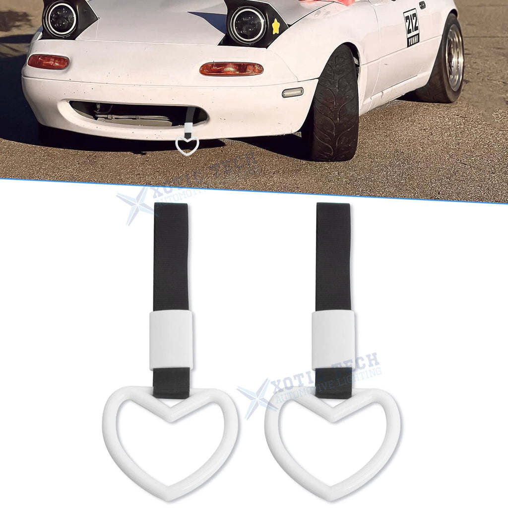 2x White Tsurikawa Handle Ring Heart Shaped Warning Decoration for Car (—)