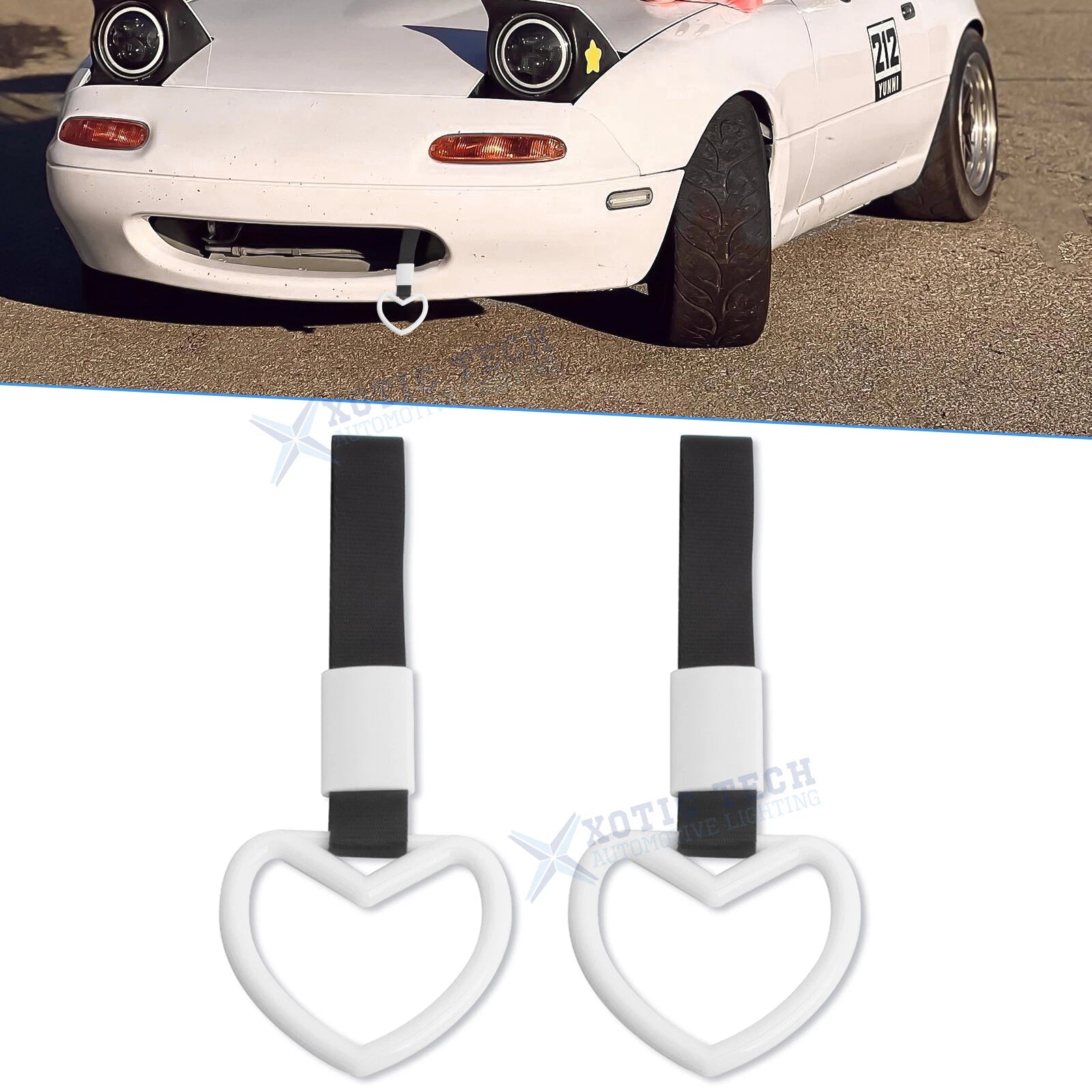 2x White Tsurikawa Handle Ring Heart Shaped Warning Decoration for Car (—)