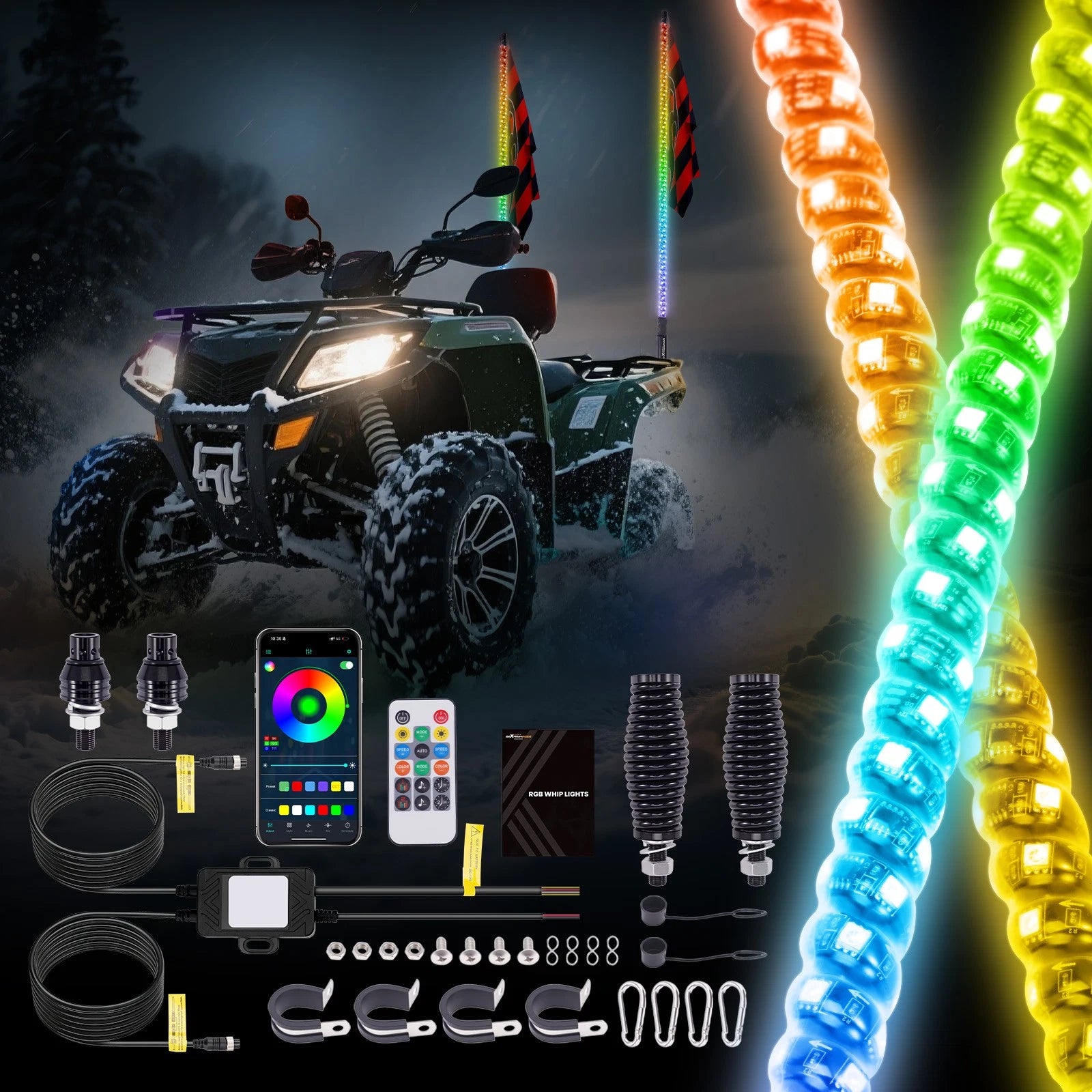 2X 4FT RGB Spiral LED Whip Lights for ATV UTV Jeep RZR (2010–2023)