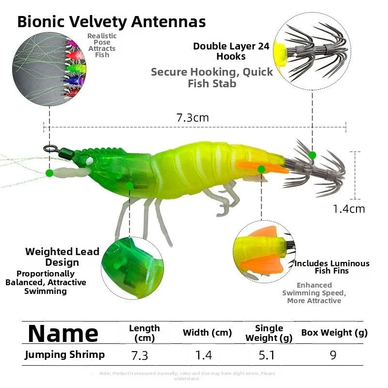 Glow in Dark Shrimp Bait with Rattling Beads and Double Hooks