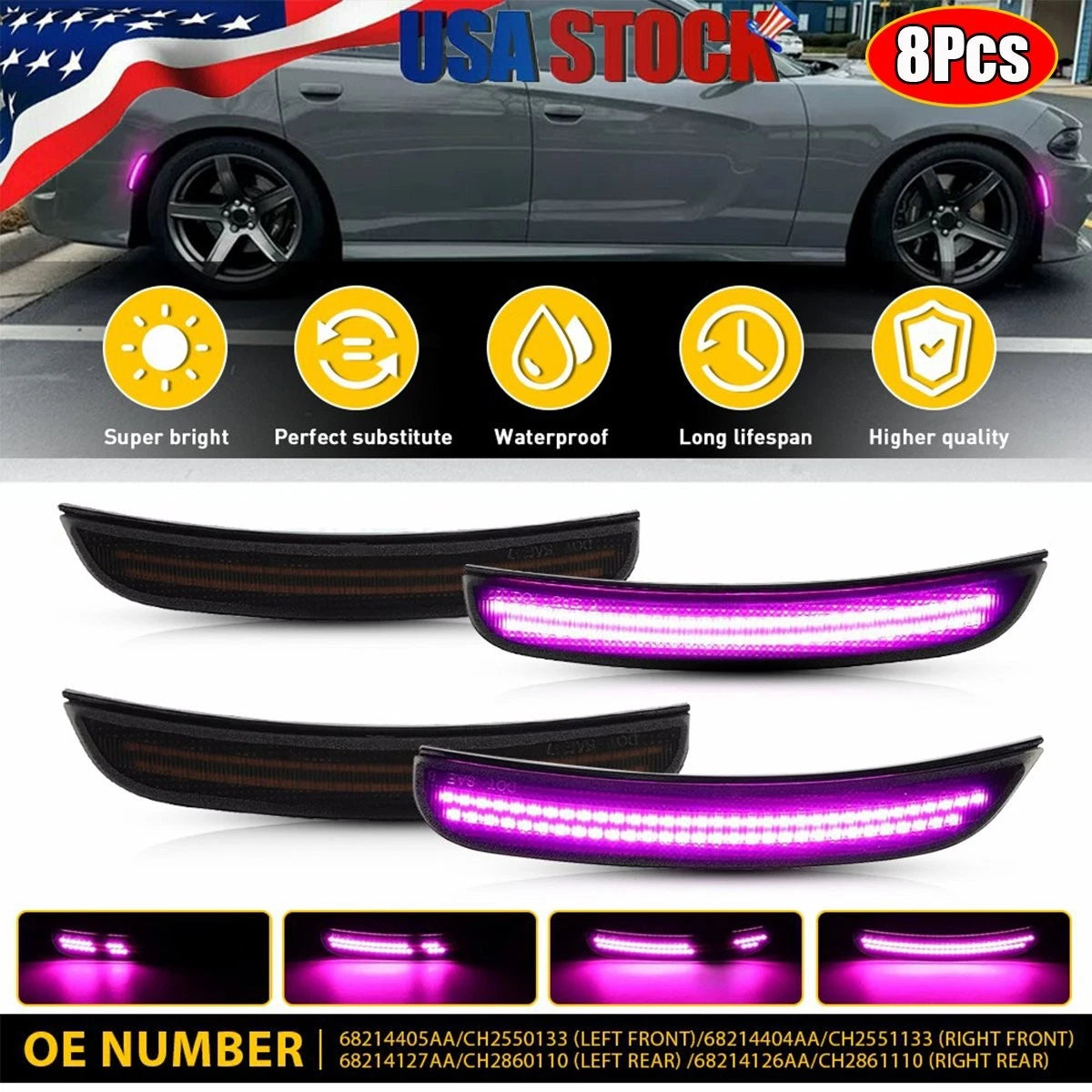 Set of 4 LED Side Marker Lights for Dodge Charger (2015–2023) Dynamic Purple