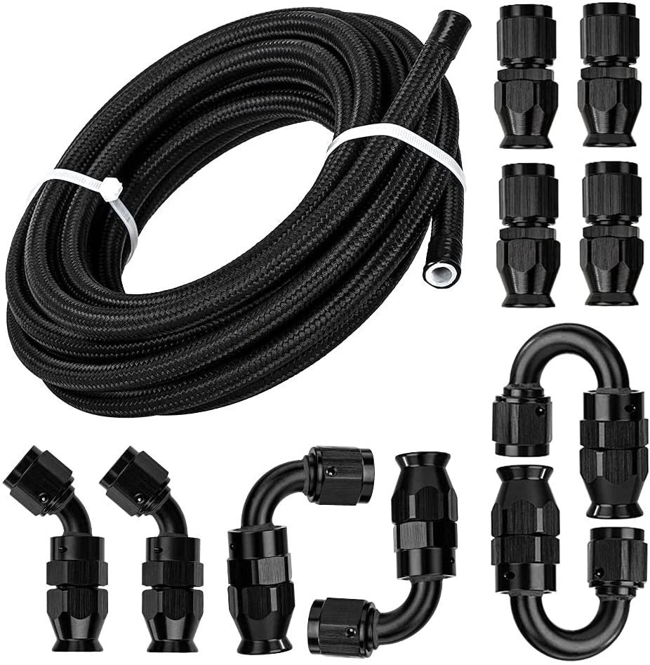 6AN Nylon Braided E85 PTFE Fuel Line Kit with 10 Fittings & Clamp (20ft)