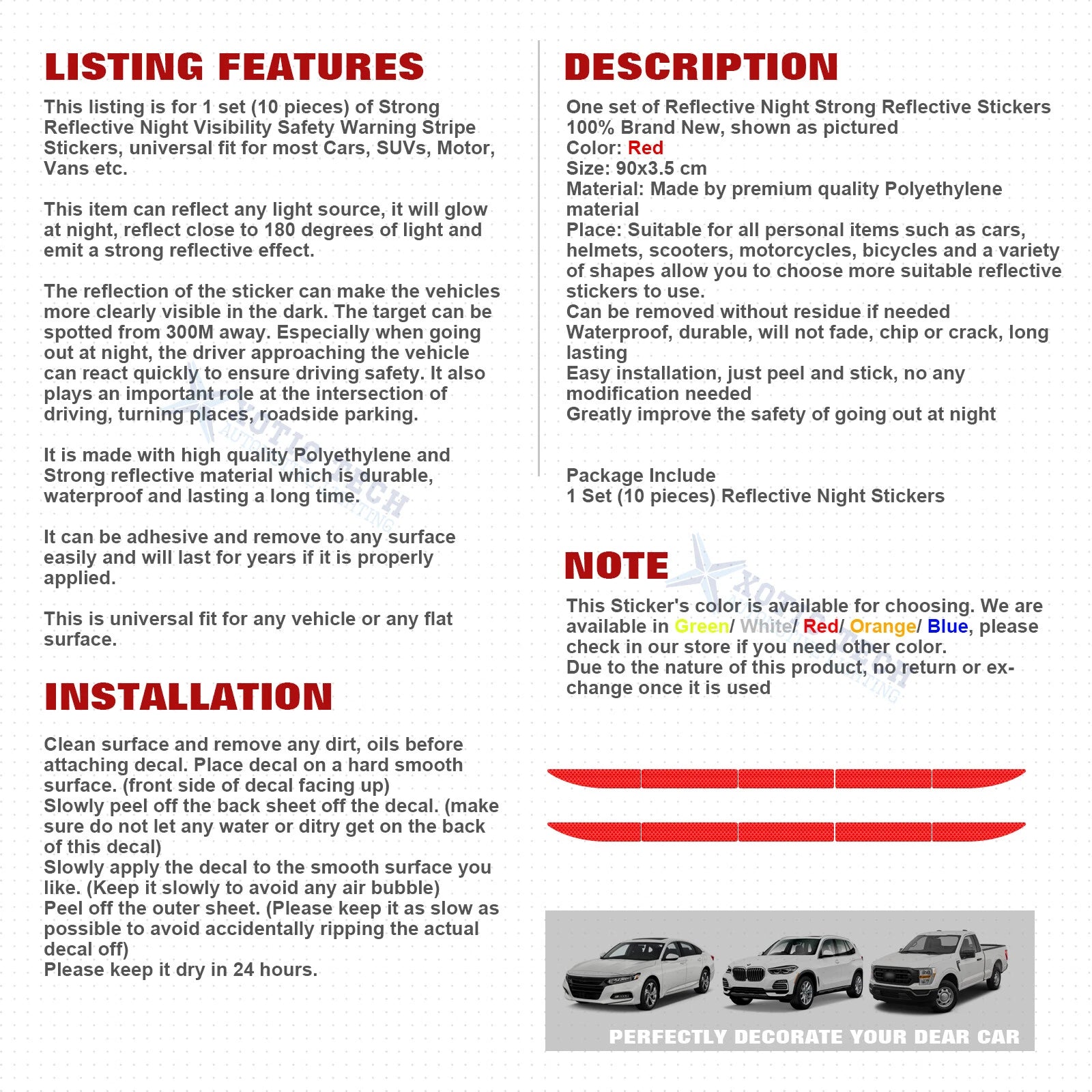 Red Night Reflective Stripe Bumper Trunk Safety Warning Stickers for Universal Fit (2014-2025)