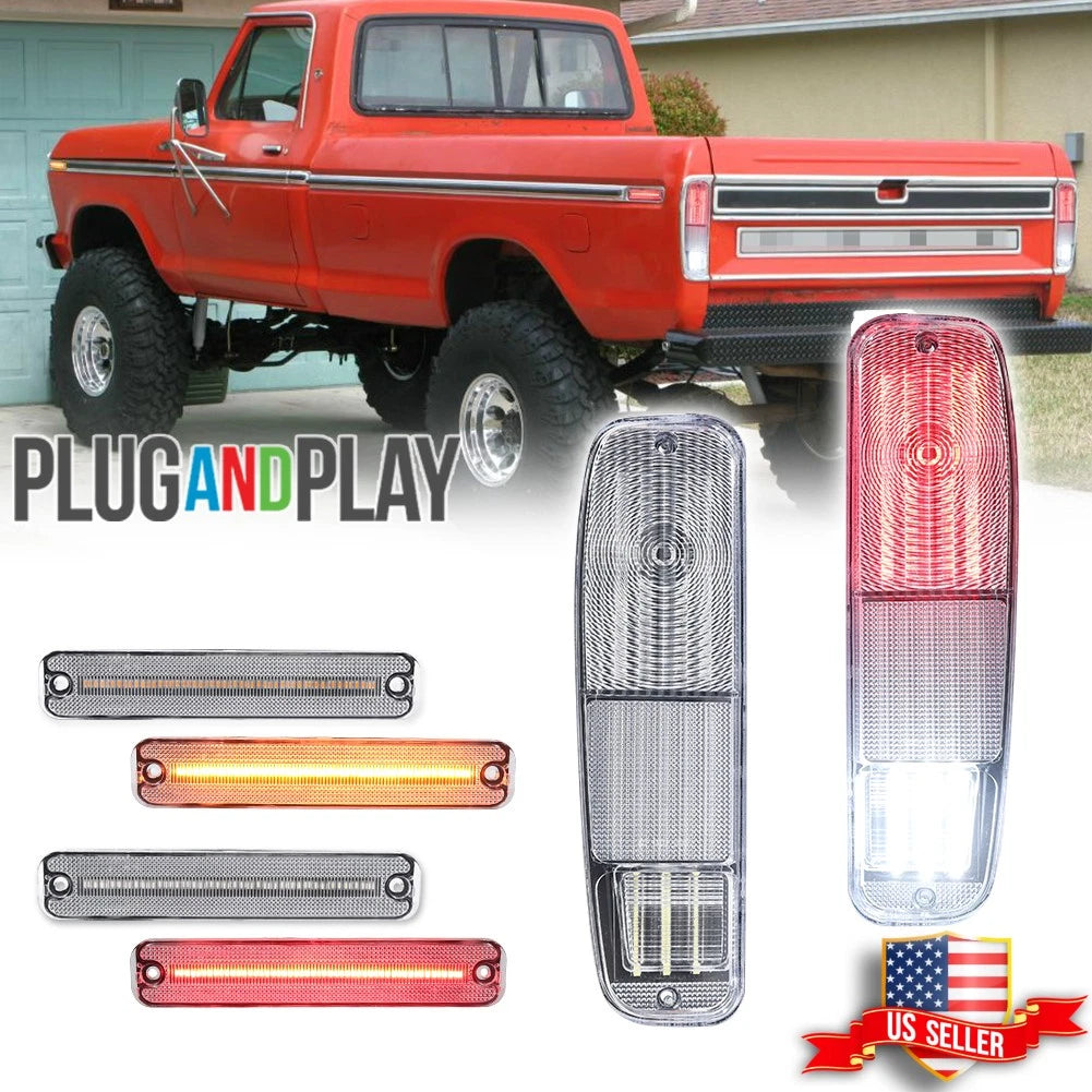 Set of 6 Clear LED Tail Lights & Side Marker Lamps for Ford F150 F250 E150 (1973–1979)
