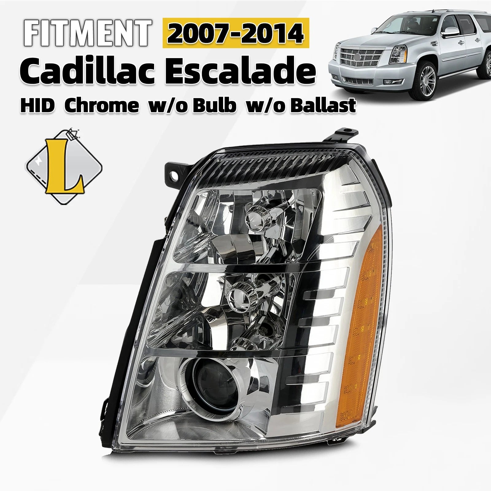HID/Xenon Headlight for Cadillac Escalade (2007–2014) Chrome, Driver Side