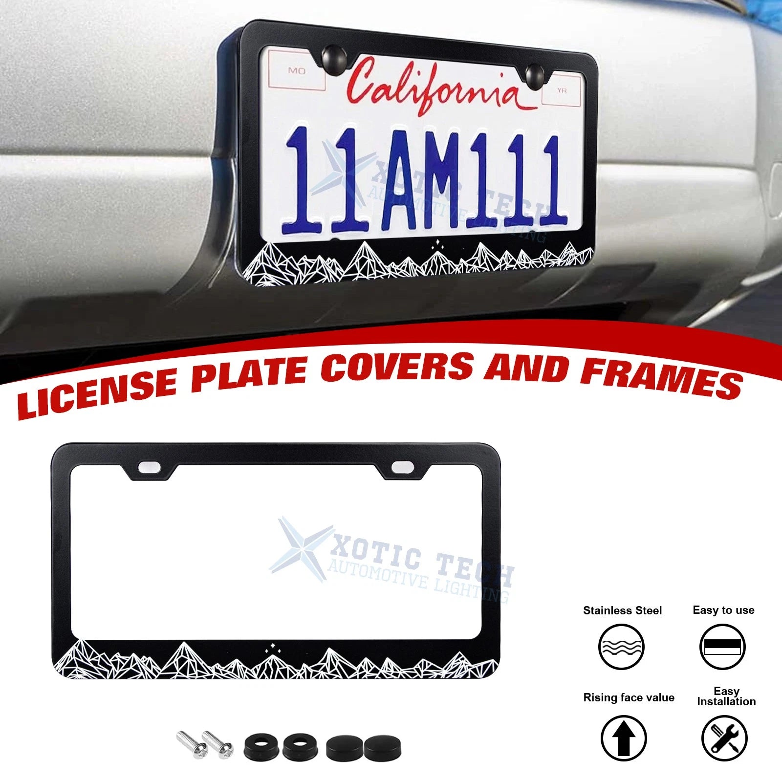 Outdoor Geometric Mountain Range Landscape Design License Plate Frame for Tag Holder (---)
