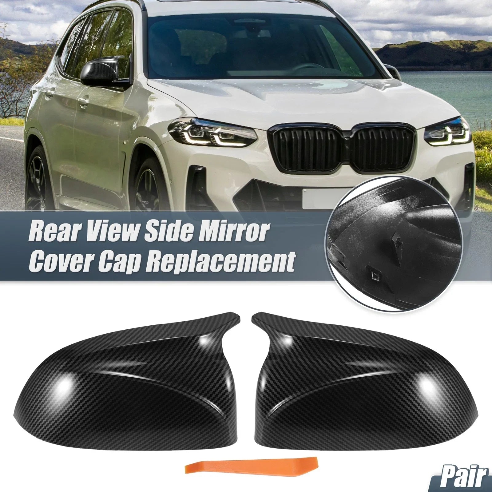Rearview Mirror Cover Cap Black Carbon Fiber Pattern for BMW X3 X4 X5 X6