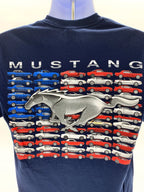 Licensed Ford Mustang T-Shirt Navy Blue American Flag and Pony Logo (2005–2014)