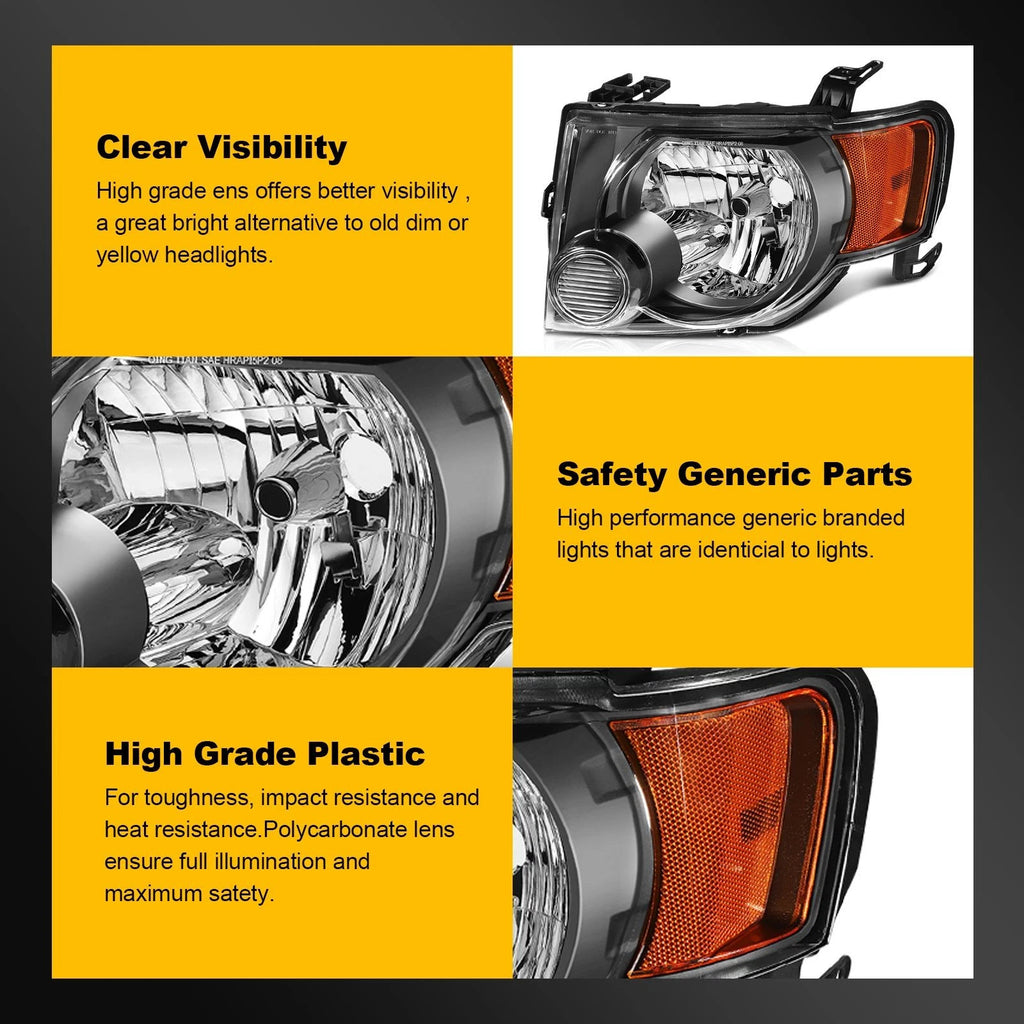 Set of 2 Black Headlight Assemblies for Ford Escape (2008–2012)