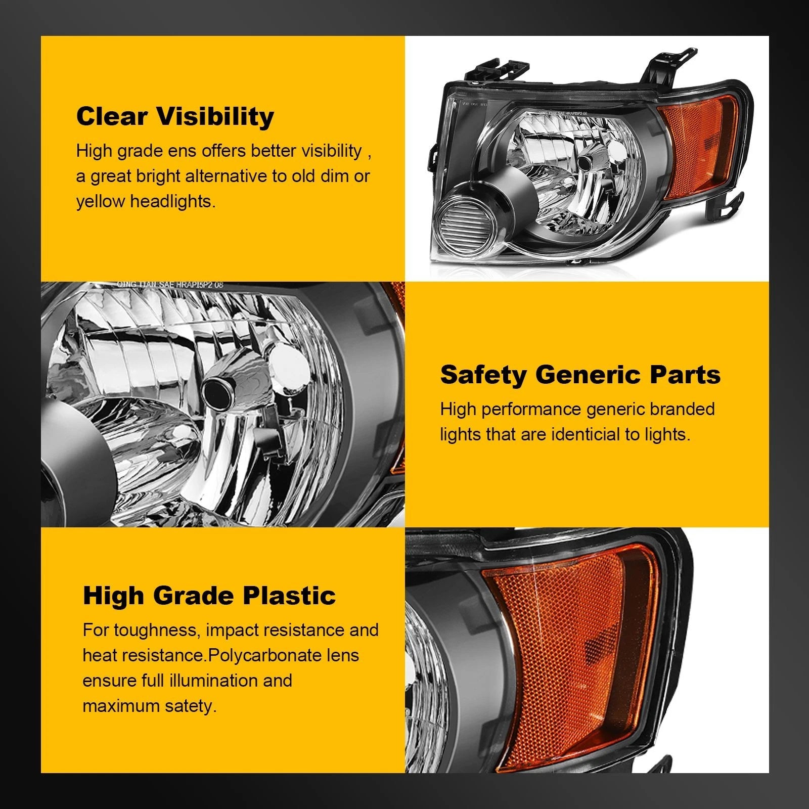 Set of 2 Black Headlight Assemblies for Ford Escape (2008–2012)