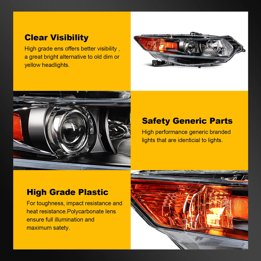 Headlight Assembly for Acura TSX (2009–2014) Black Amber HID Projector Pair