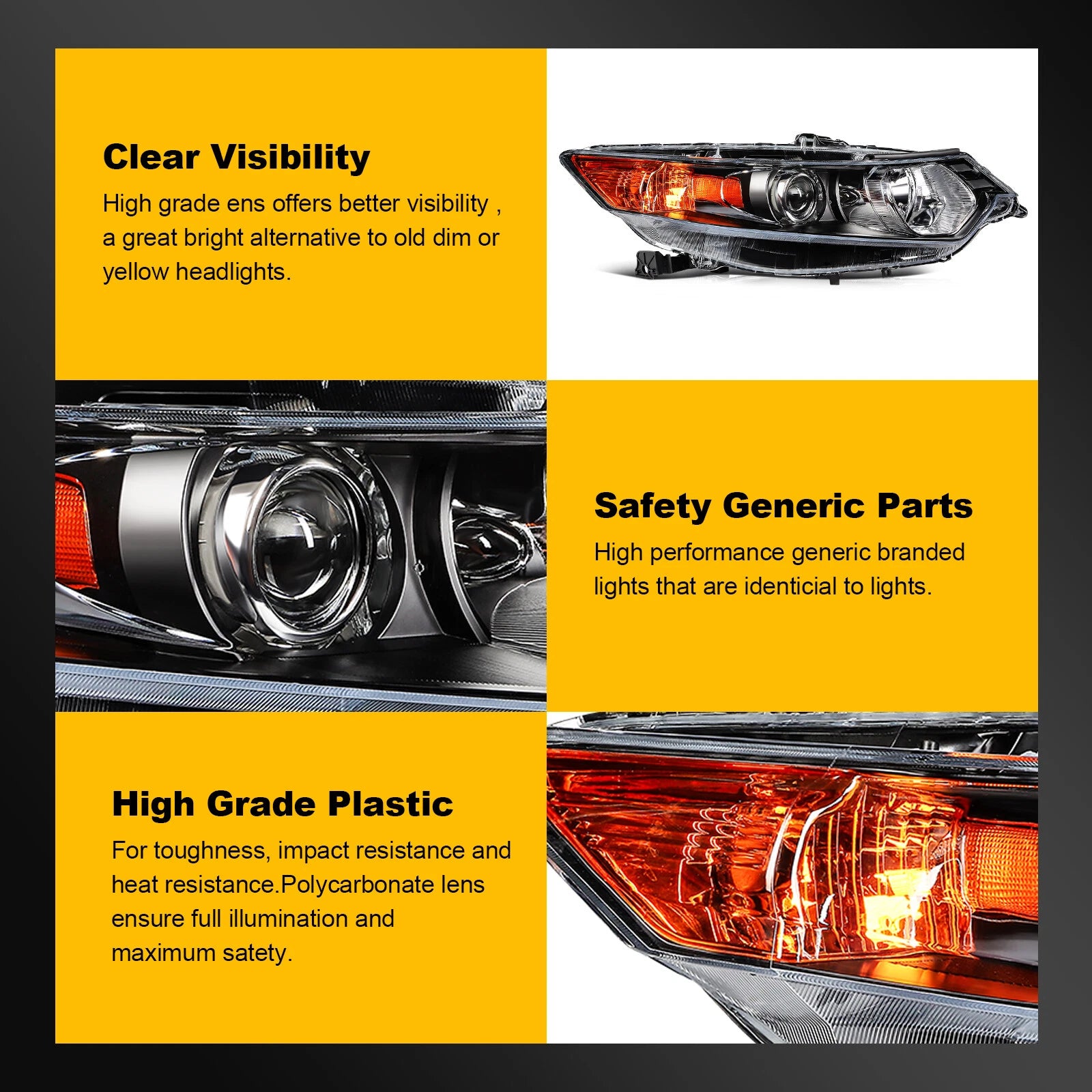 Headlight Assembly for Acura TSX (2009–2014) Black Amber HID Projector Pair