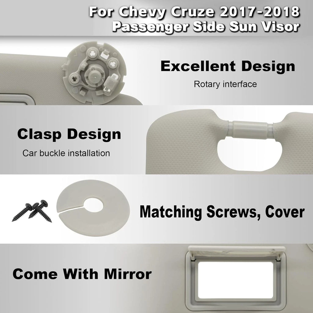 Right Passenger Side Sun Visor w/Mirror for Chevy Cruze (2017–2018) 84126666
