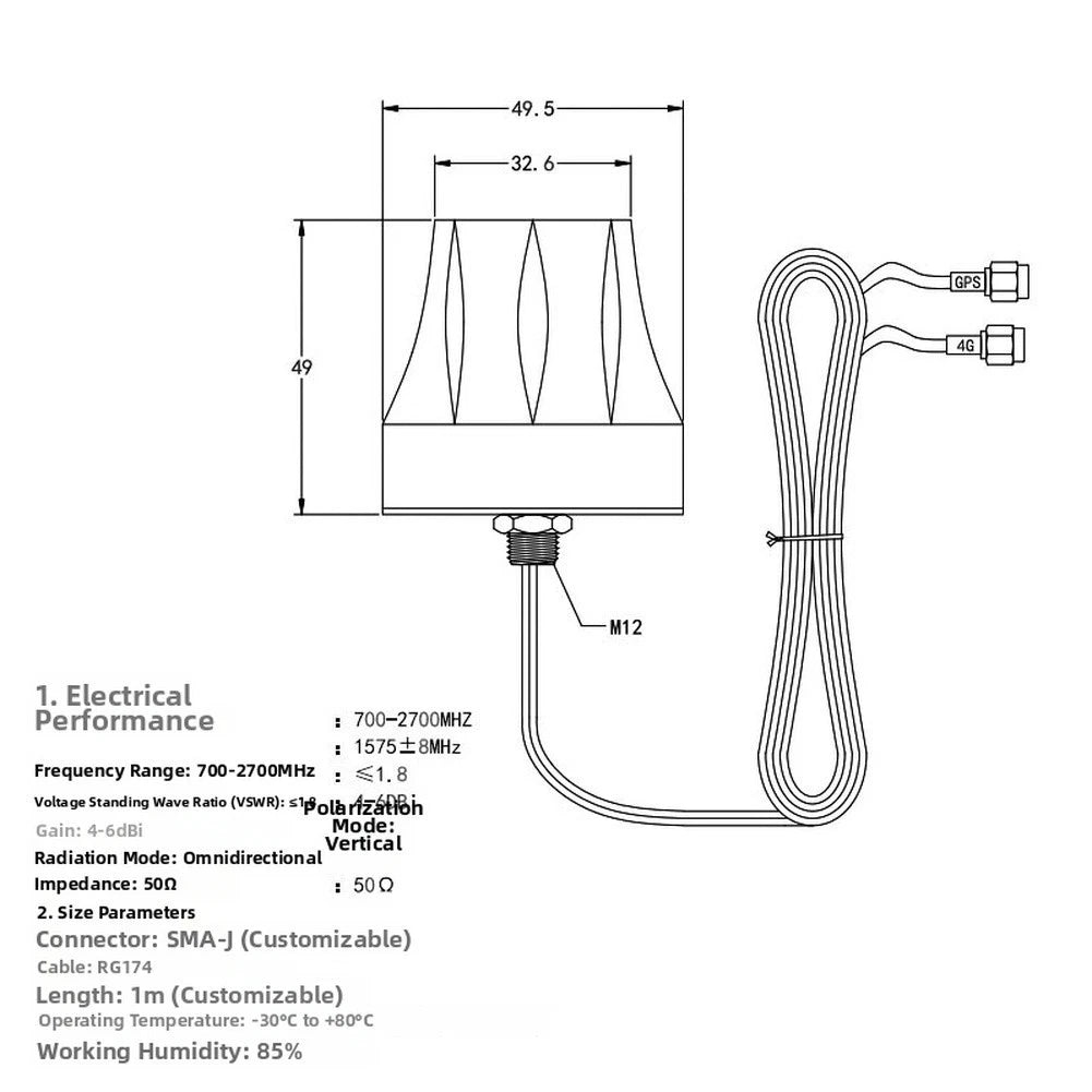 4G GPS Antenna for Outdoor Use - Omnidirectional, 4-6 dBi, 50 Ohm