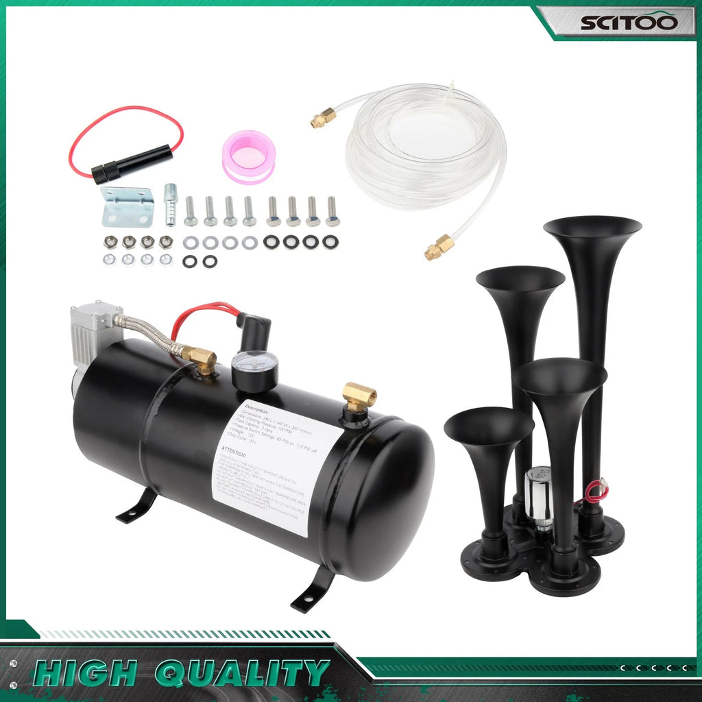 4 Trumpet Air Horn Kit for Car Truck (12V) - 150DB, Compressor, Black Tank