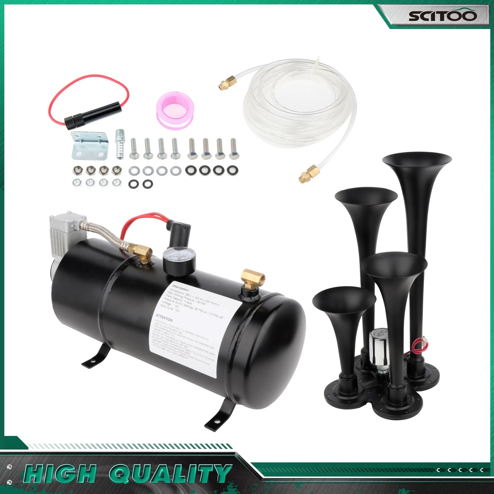4 Trumpet Air Horn Kit for Car Truck (12V) - 150DB, Compressor, Black Tank
