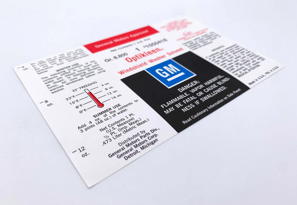 Glass Washer Bottle Cap and Label Replacement for GM A Series (1959–1974)
