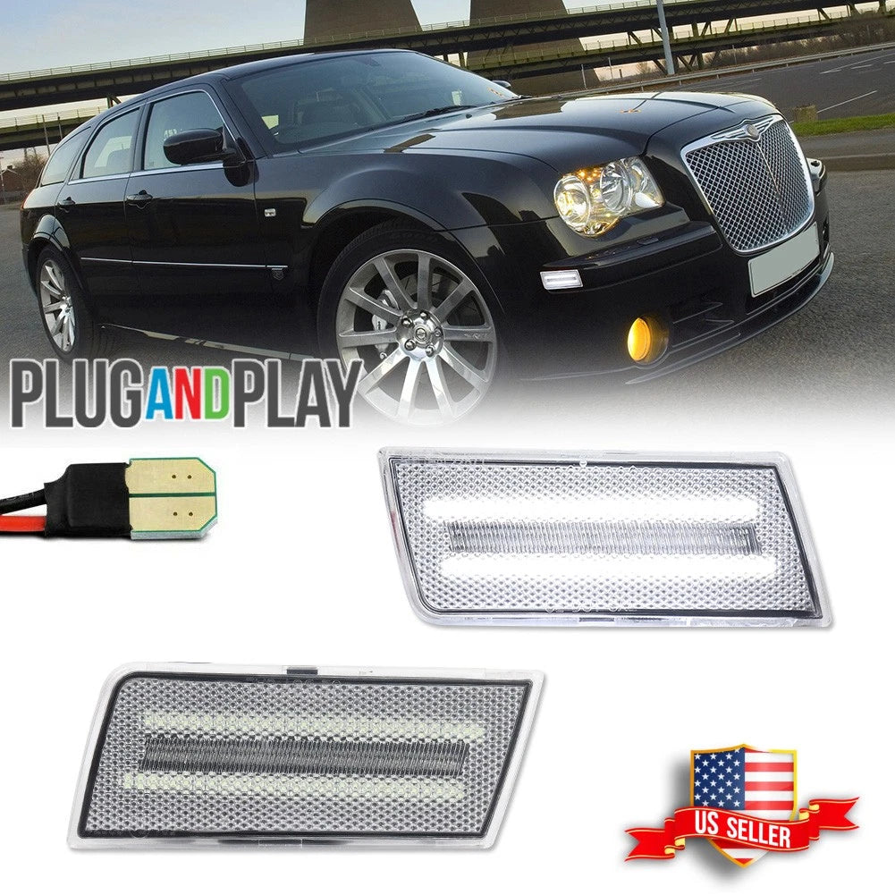 2X Clear Lens White LED Front Side Marker Lights for Chrysler 300 (2005–2010)