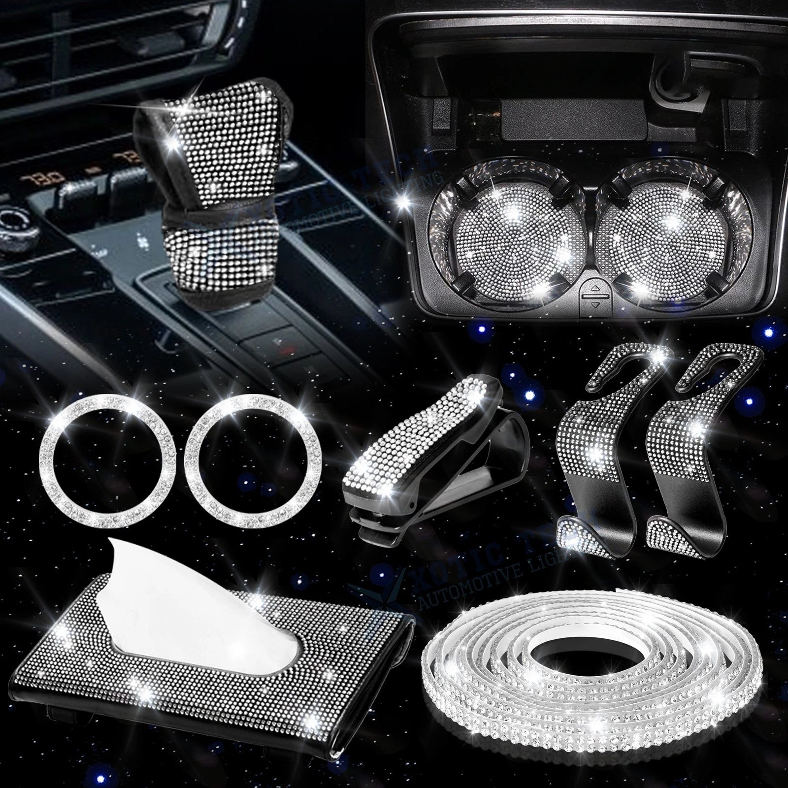 Diamond Engine Start Button Ring Gear Shift Cover Kit for Car (White)