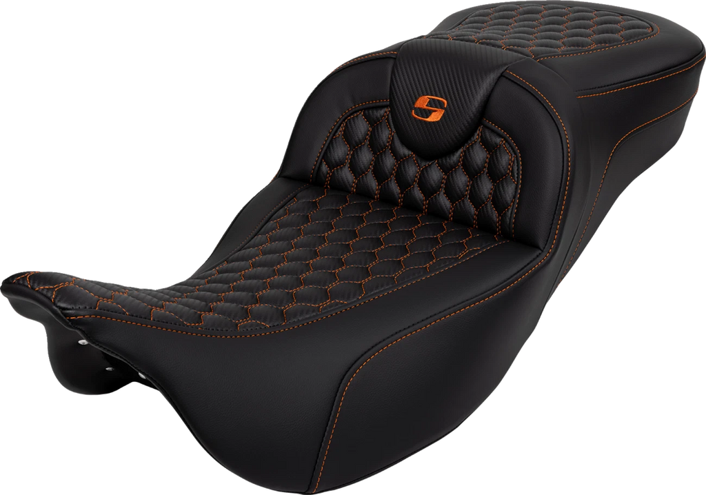 SADDLEMEN RoadSofa Seat for Harley Davidson (Extended Reach, Honeycomb, Orange Stitch)