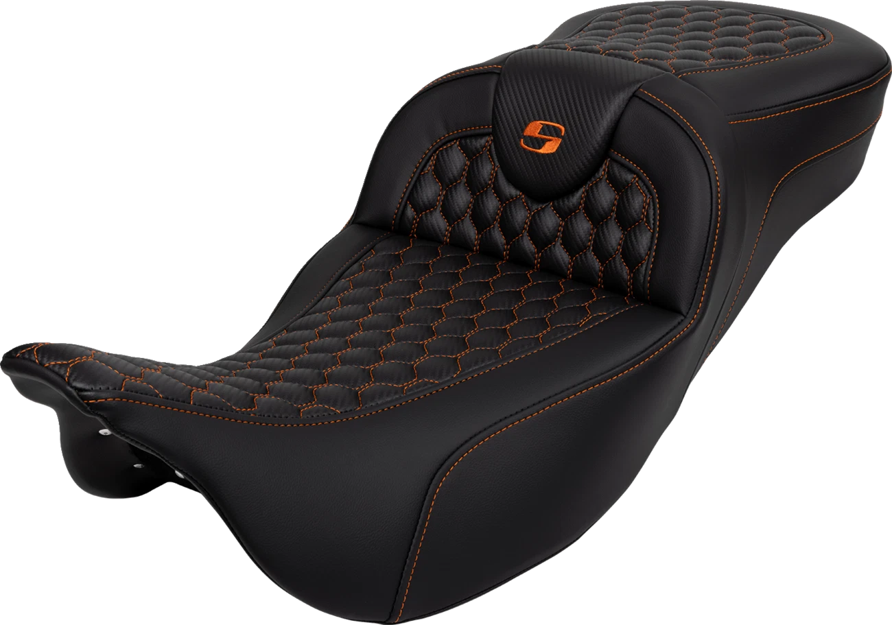 SADDLEMEN RoadSofa Seat for Harley Davidson (Extended Reach, Honeycomb, Orange Stitch)