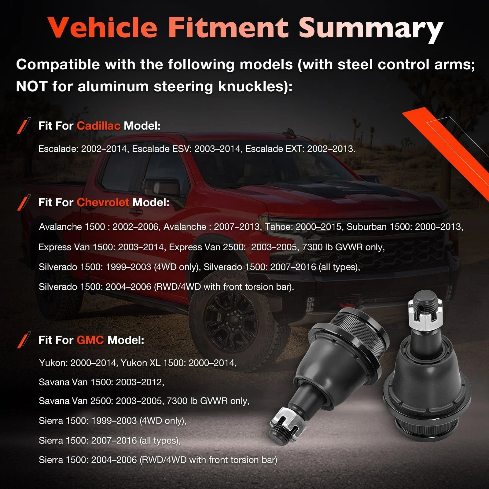2X Front Lower Ball Joints for Chevy GMC Silverado Sierra Cadillac Escalade (2007–2014)