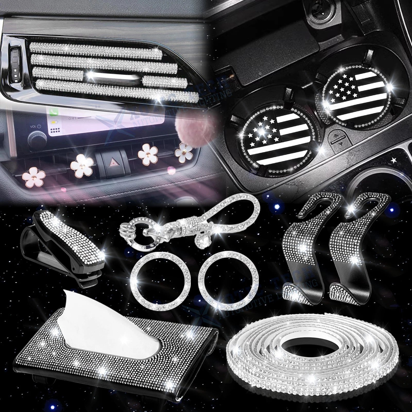 Rhinestone Universal Car Interior Decor Set for Women Girls (—)