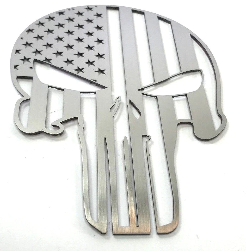 Brushed Stainless Steel Punisher Skull Emblem with American Flag for Car