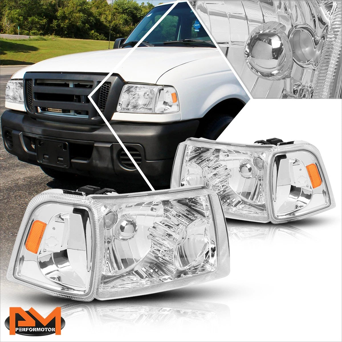 Chrome Housing Headlight & Amber Side Corner Lamp Pair for Ford Ranger (2001–2011)